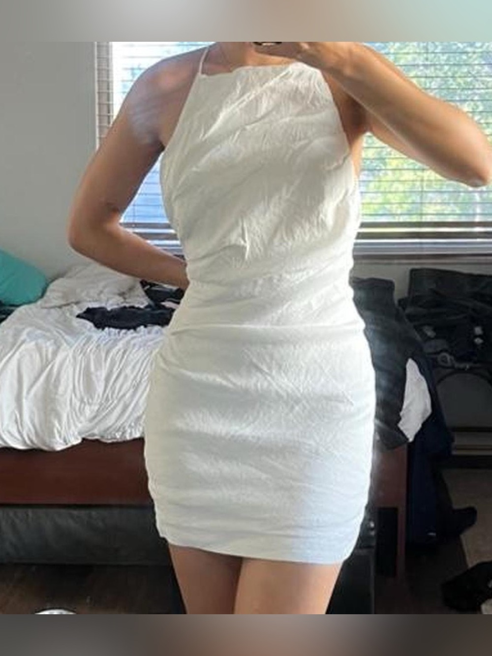 Zara white wrinkled halter cross mini dress